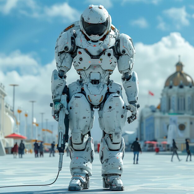 Photo robot debout au milieu de la rue ia générative