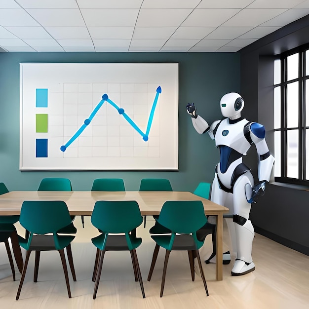 Un robot debout devant un tableau blanc présentant un graphique et des tableaux à un groupe d'autres robots