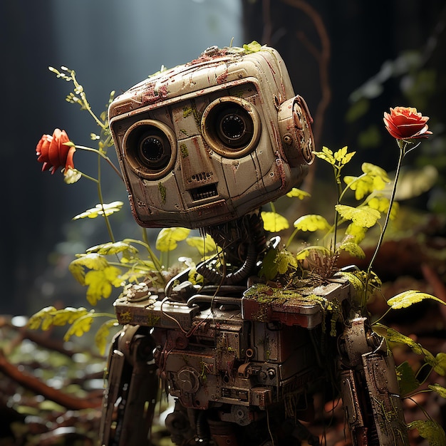 robot délabré fleurs mousse cinématique ultra réaliste