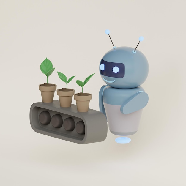 Robot de dessin animé plantant une plante Concept d'application de la technologie de l'intelligence artificielle dans la culture et la conservation de la nature illustration de rendu 3d
