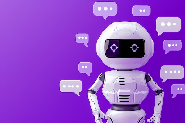robot discutant isolé fond violet chatbot entouré de plusieurs bulles