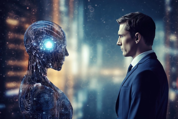 un robot doté d'une intelligence artificielle se tient avec un homme ai génératif