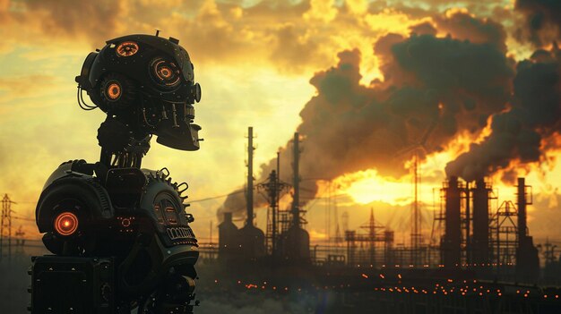 Robot dystopique d'horloge orné d'engrenages émettant de la vapeur se tient devant une usine de steampunk avec des cheminées massives Photographie Silhouette Éclairage Vignette