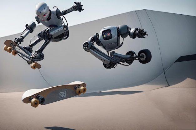 Un robot essayant de monter une planche à roulettes avec des roues pour les pieds, ce qui entraîne une illustration chaotique