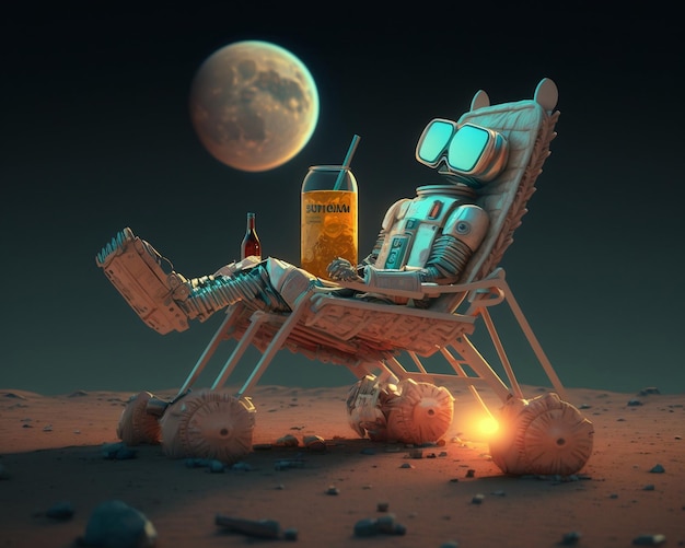 un robot est allongé sur une chaise longue et boit de la bière sur la lune IA générative