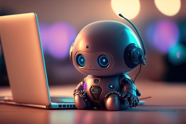 Un robot est assis à côté d'un ordinateur portable avec un microphone sur la tête.