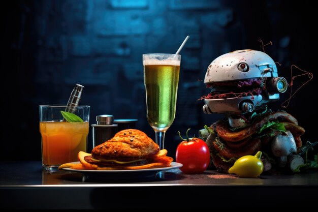 Le robot est assis à un ensemble de bière et de hamburgers et d'autres collations sur la table fond sombre de restauration rapide