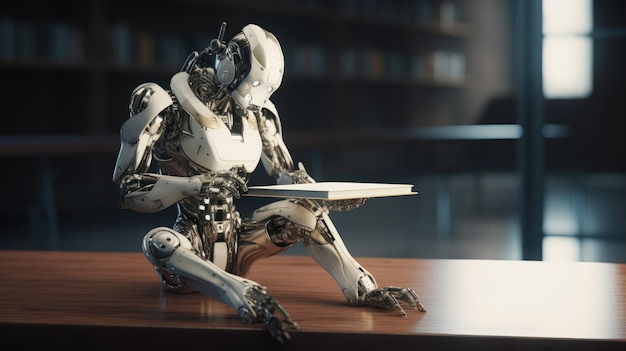 Un robot est assis sur une table dans une bibliothèque.