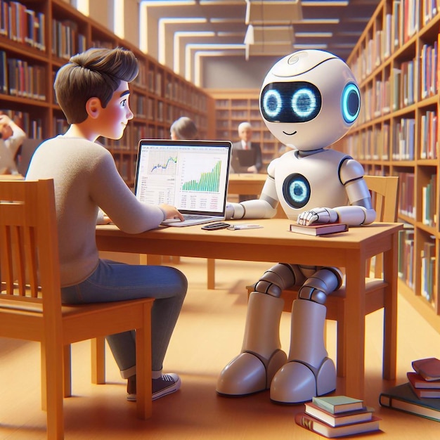 un robot est assis à une table avec un ordinateur portable devant une bibliothèque