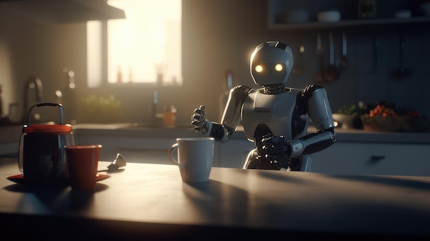 Un robot est assis à une table avec une tasse de café en arrière-plan