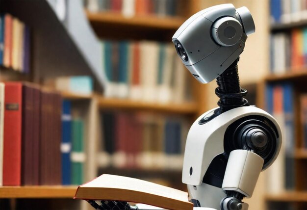 un robot est en train de lire à la bibliothèque
