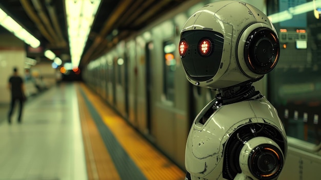 Un robot est vu debout dans une station de métro très fréquentée, entouré de navetteurs et de publicités.