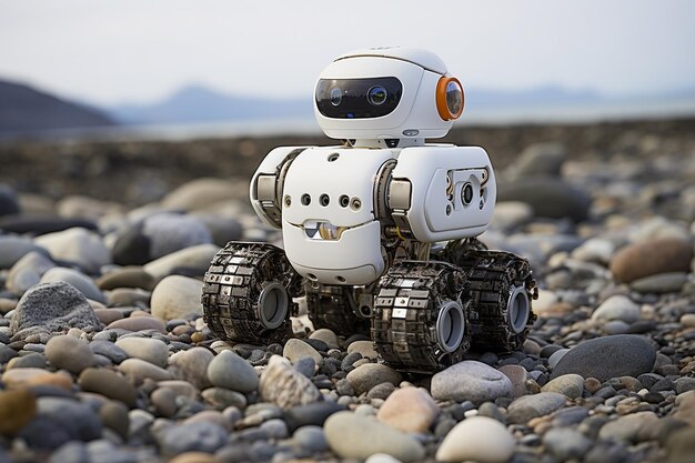 Un robot explorateur traversant un terrain rude dans l'Arctique