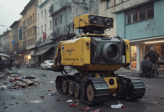 Le robot fait du travail dur, transporte, nettoie les conteneurs à ordures de la ville.