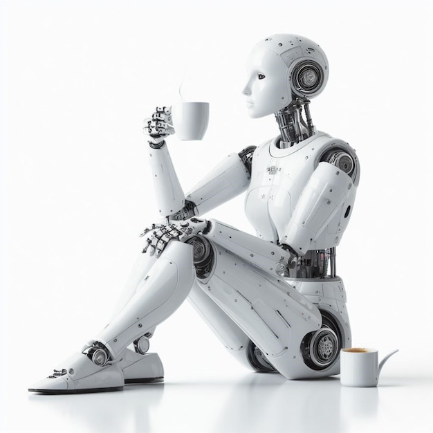 Un robot féminin buvant du café.