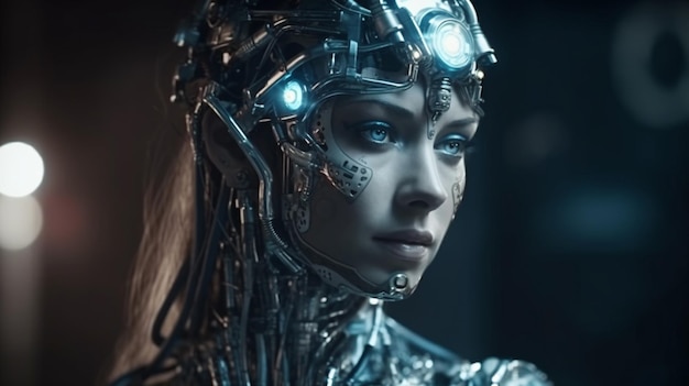 Robot féminin dans une scène de science-fiction ai générative