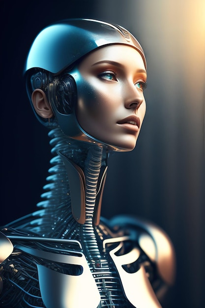 Un robot féminin avec une tête argentée et des yeux bleus.
