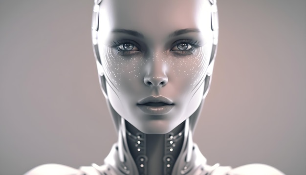 Un robot féminin avec un visage blanc et un visage argenté.