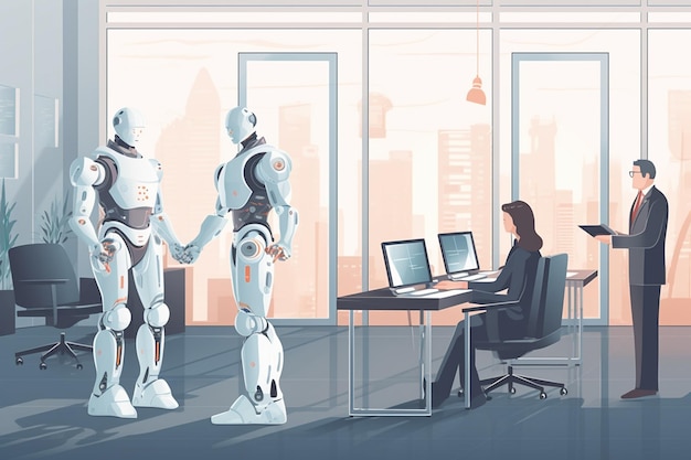 Robot et femme d'affaires au bureau Concept d'intelligence artificielle Illustration vectorielle