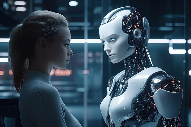 Un robot et une femme dans une pièce sombre