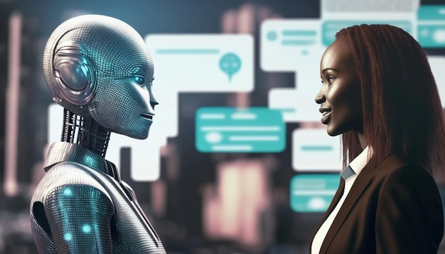 Un robot et une femme parlent devant un écran avec un message disant "robot"