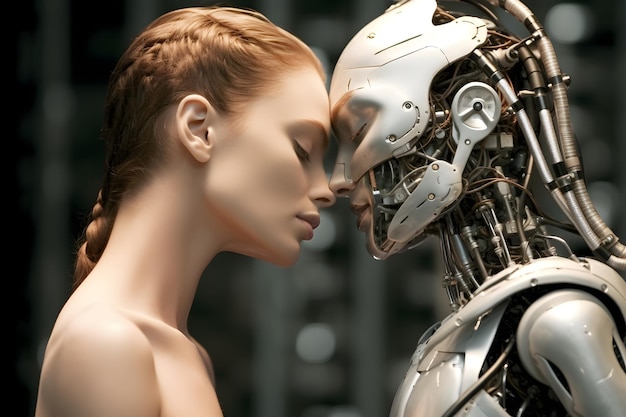 Un robot et une femme qui s'embrassent