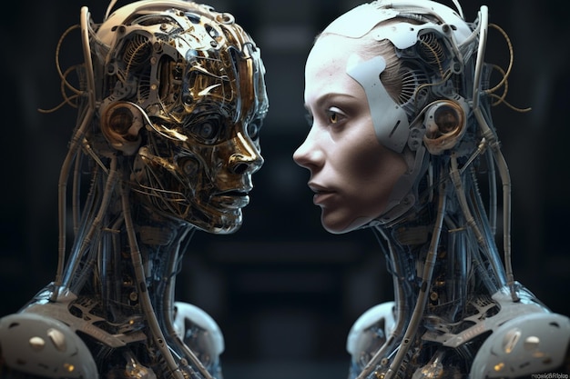 Un robot et une femme se font face.
