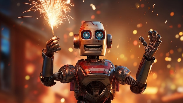 Un robot fête derrière des feux d'artifice