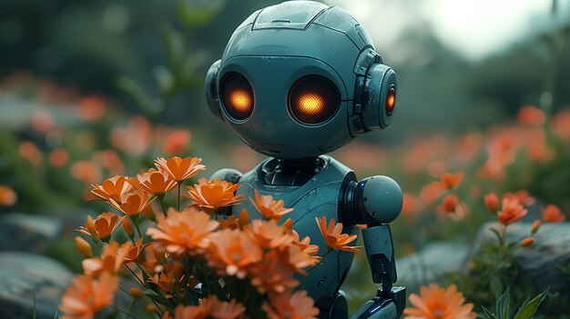 Photo un robot avec des fleurs