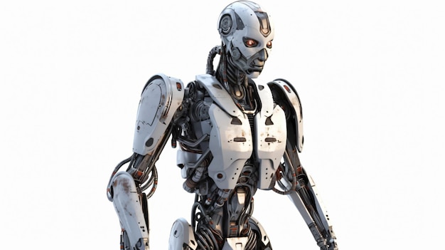Un robot avec un fond blanc et un œil rouge.