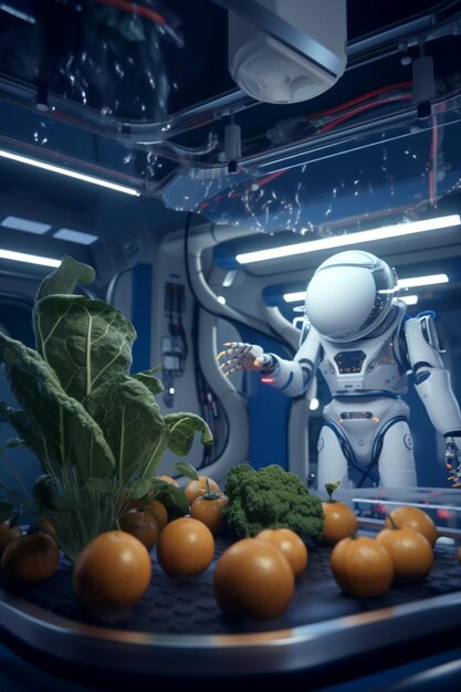 Robot futuriste explorant l'agriculture sur d'autres planètes et faisant progresser l'exploration spatiale