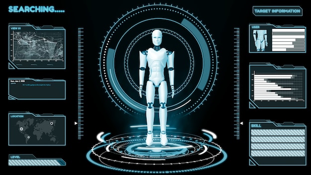 Robot futuriste, intelligence artificielle Analyse et programmation CGI Big Data