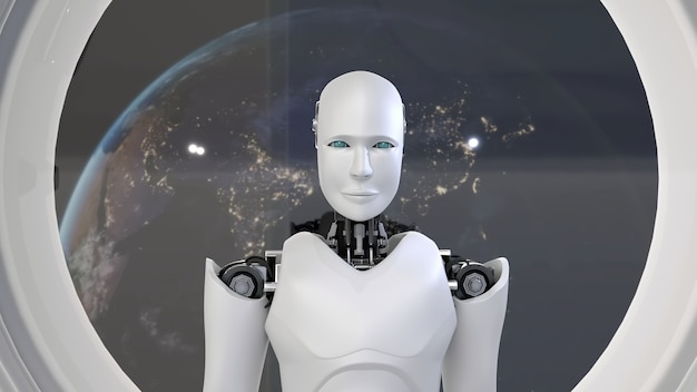 Robot futuriste, intelligence artificielle CGI à l'intérieur du vaisseau spatial dans l'univers spatial