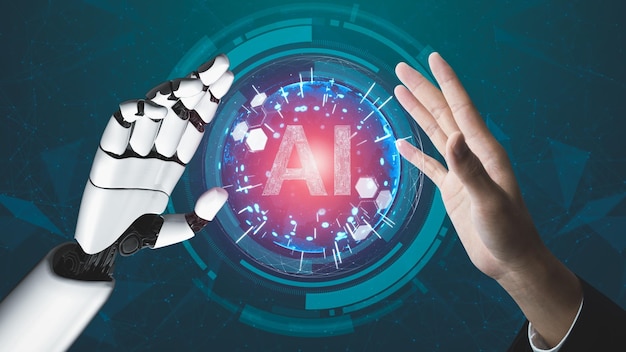 Robot futuriste intelligence artificielle développement technologique révolutionnaire de l'IA et concept d'apprentissage automatique Recherche scientifique bionique robotique mondiale pour l'avenir de la vie humaine graphique de rendu 3D