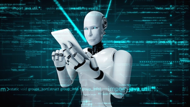 Le robot futuriste, l'intelligence artificielle, l'huminoïde, la programmation de l'IA, le codage.