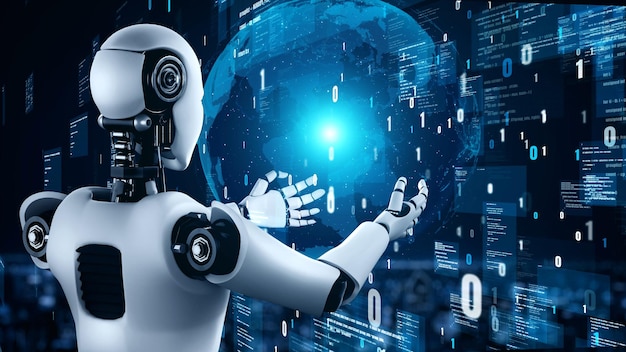 Le robot futuriste, l'intelligence artificielle, l'huminoïde, la programmation de l'IA, le codage.