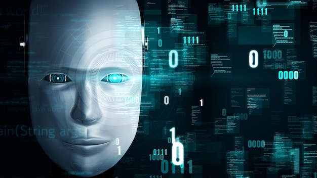 Le robot futuriste, l'intelligence artificielle, l'huminoïde, la programmation de l'IA, le codage.