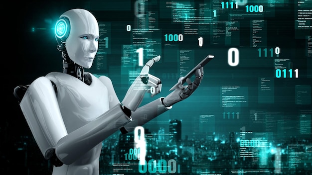 Le robot futuriste, l'intelligence artificielle, l'huminoïde, la programmation de l'IA, le codage.