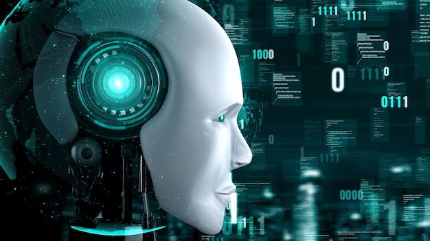 Le robot futuriste, l'intelligence artificielle, l'huminoïde, la programmation de l'IA, le codage.