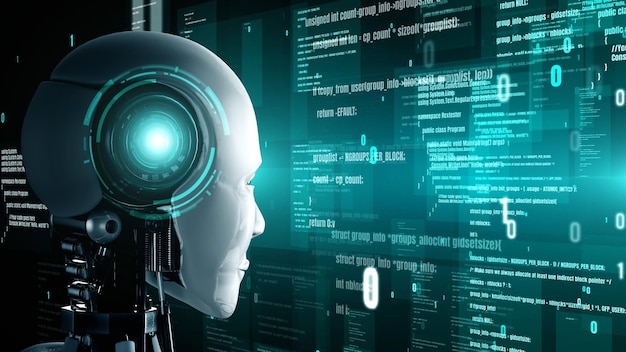 Le robot futuriste, l'intelligence artificielle, l'huminoïde, la programmation de l'IA, le codage.