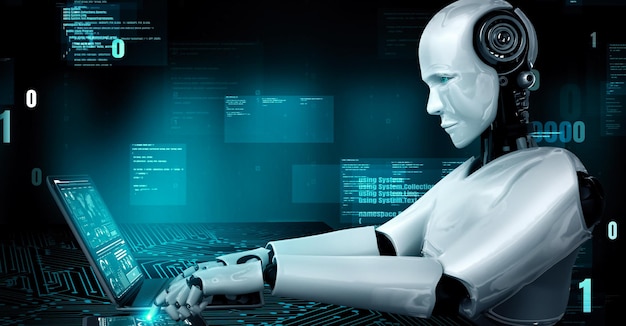 Le robot futuriste, l'intelligence artificielle, l'huminoïde, la programmation de l'IA, le codage.