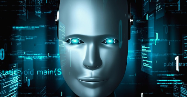 Le robot futuriste, l'intelligence artificielle, l'huminoïde, la programmation de l'IA, le codage.