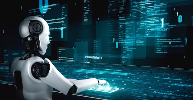 Le robot futuriste, l'intelligence artificielle, l'huminoïde, la programmation de l'IA, le codage.