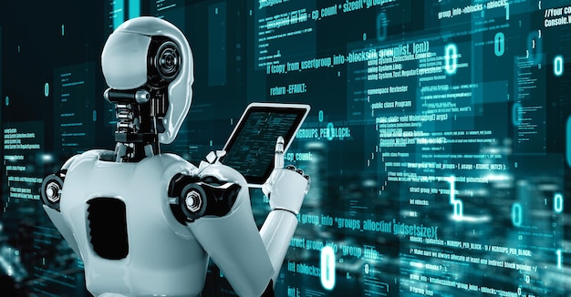 Le robot futuriste, l'intelligence artificielle, l'huminoïde, la programmation de l'IA, le codage.