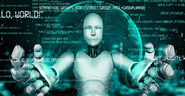 Le robot futuriste, l'intelligence artificielle, l'huminoïde, la programmation de l'IA, le codage.