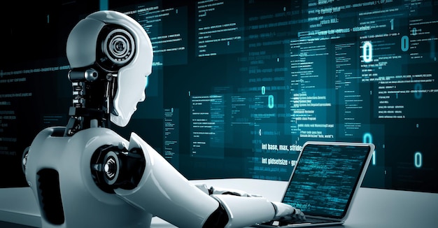 Le robot futuriste, l'intelligence artificielle, l'huminoïde, la programmation de l'IA, le codage.