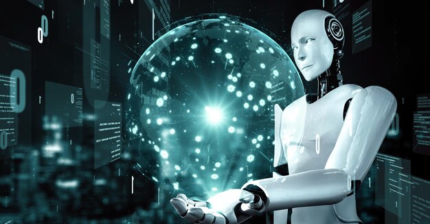 Le robot futuriste, l'intelligence artificielle, l'huminoïde, la programmation de l'IA, le codage.