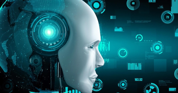 Robot futuriste, intelligence artificielle, IA humanoïde pour une usine industrielle