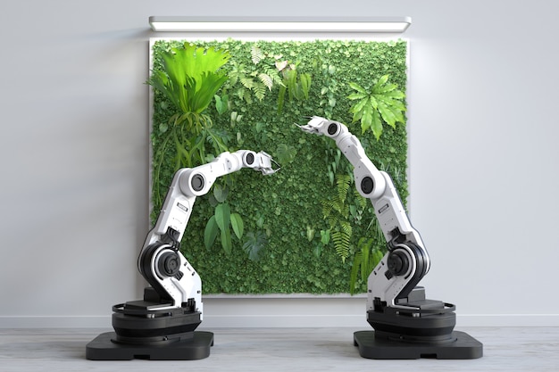 Le robot futuriste plante un jardin de plantes vertical