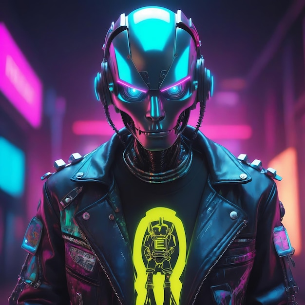 Un robot futuriste portant une veste punk avec un fond néon coloré